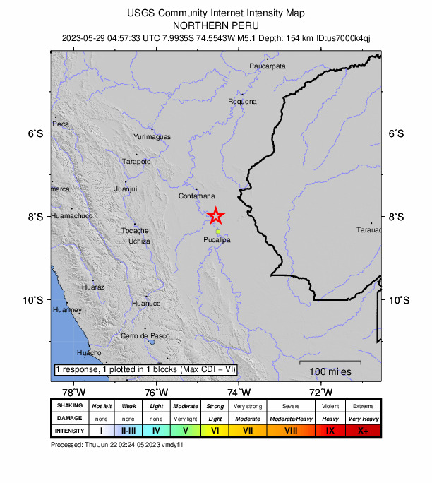 USGS DYFI community-reported intensity map for the M5.1 earthquake near 42 km N of Pucallpa, Peru