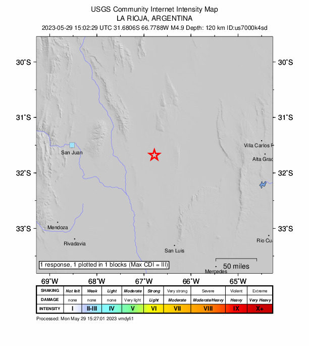 USGS DYFI community-reported intensity map for the M4.9 earthquake near 101 km WNW of Candelaria, Argentina