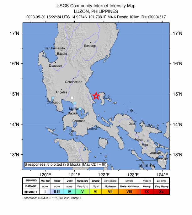 USGS DYFI community-reported intensity map for the M4.6 earthquake near 10 km W of Panukulan, Philippines