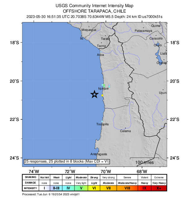 USGS DYFI community-reported intensity map for the M5.5 earthquake near 70 km SW of La Tirana, Chile