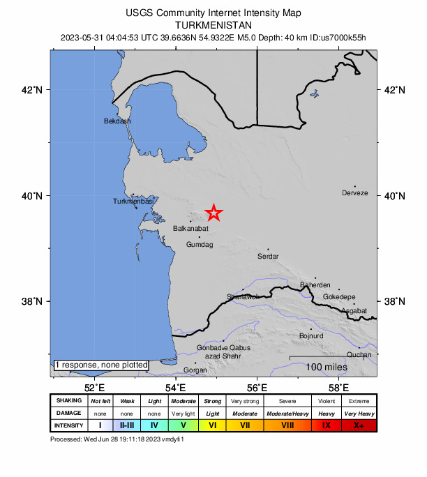 USGS DYFI community-reported intensity map for the M5.0 earthquake near 51 km ENE of Balkanabat, Turkmenistan