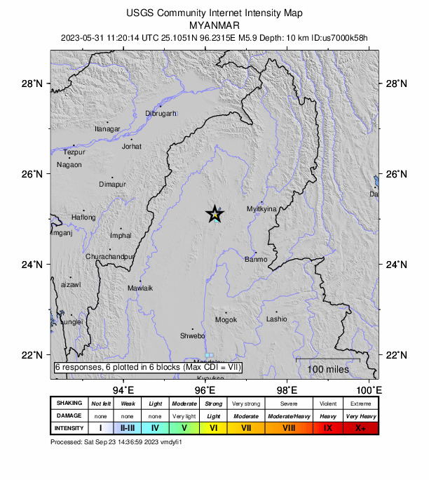 USGS DYFI community-reported intensity map for the M5.9 earthquake near 121 km WSW of Myitkyina, Myanmar