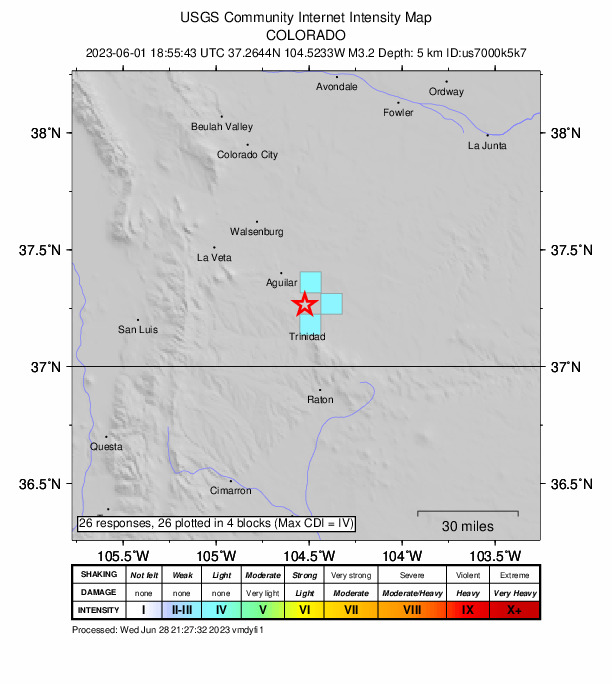 USGS DYFI community-reported intensity map for the M3.2 earthquake near 6 km NW of El Moro, Colorado