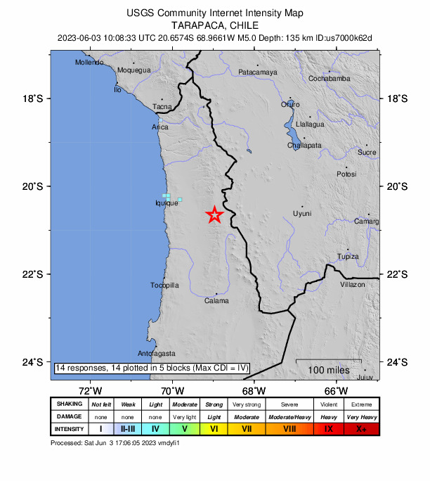 USGS DYFI community-reported intensity map for the M5.0 earthquake near 76 km NW of Ollagüe, Chile