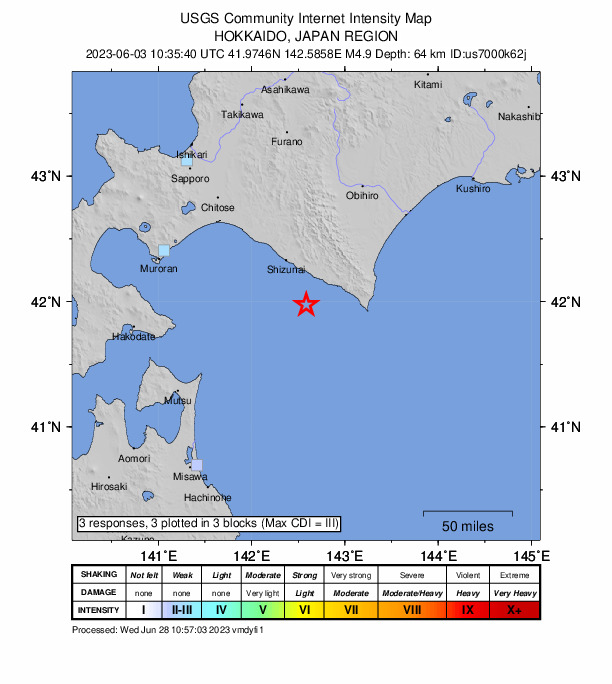 USGS DYFI community-reported intensity map for the M5.0 earthquake near 26 km SW of Urakawa, Japan