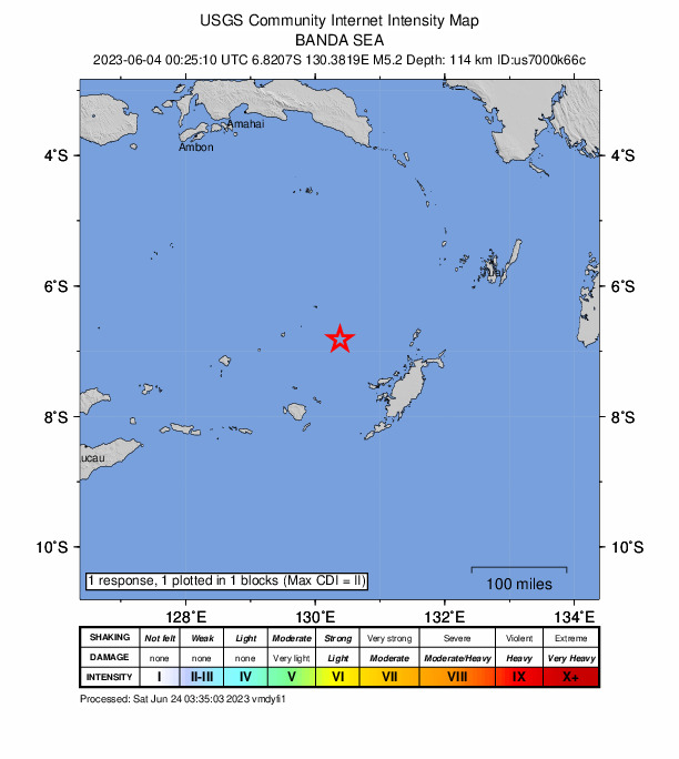 USGS DYFI community-reported intensity map for the M5.2 earthquake near 293 km WSW of Tual, Indonesia