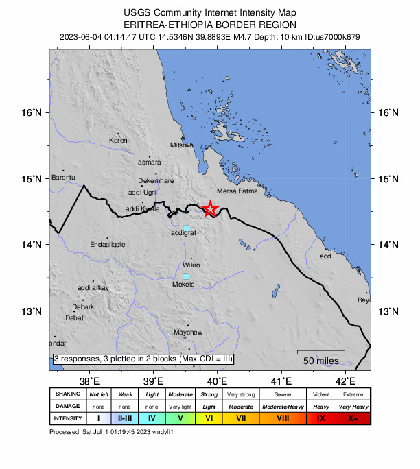 USGS DYFI community-reported intensity map for the M4.7 earthquake near 53 km ENE of Ādīgrat, Ethiopia