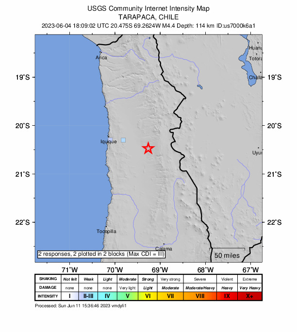 USGS DYFI community-reported intensity map for the M4.4 earthquake near 43 km ESE of La Tirana, Chile