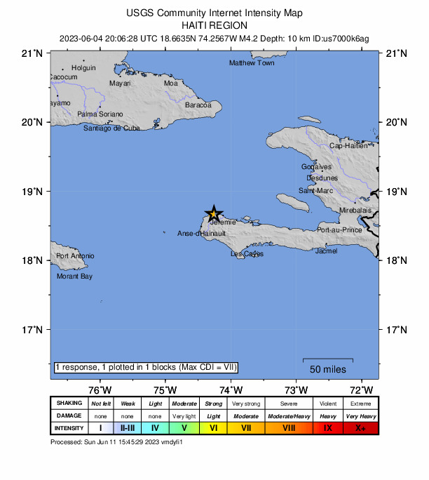 USGS DYFI community-reported intensity map for the M4.2 earthquake near Haiti region