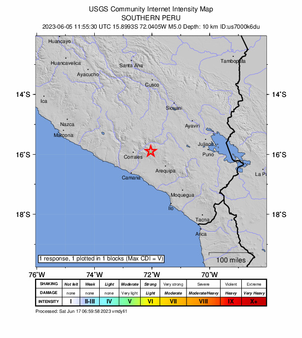 USGS DYFI community-reported intensity map for the M5.0 earthquake near southern Peru