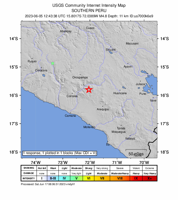 USGS DYFI community-reported intensity map for the M4.8 earthquake near 11 km SSE of Huambo, Peru