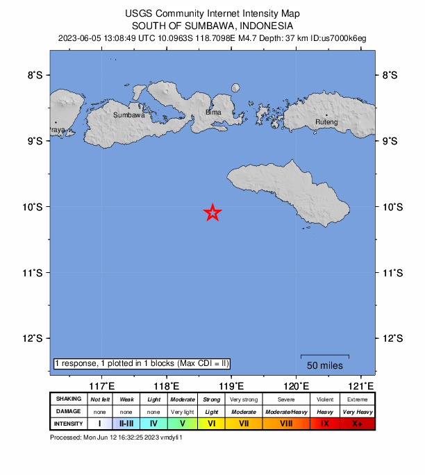 USGS DYFI community-reported intensity map for the M4.7 earthquake near 93 km SW of Tambolaka, Indonesia