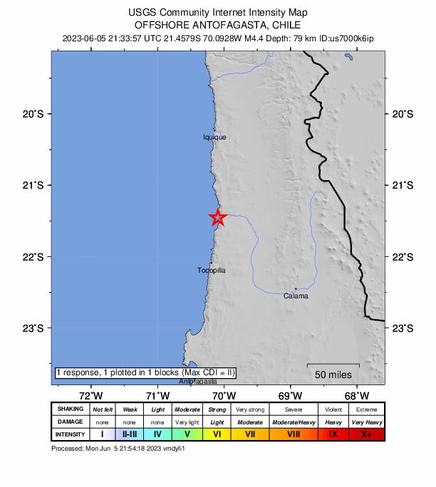 USGS DYFI community-reported intensity map for the M4.3 earthquake near 73 km N of Tocopilla, Chile