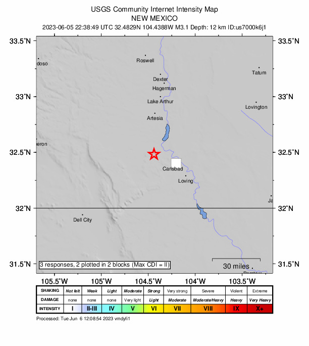 USGS DYFI community-reported intensity map for the M3.1 earthquake near New Mexico
