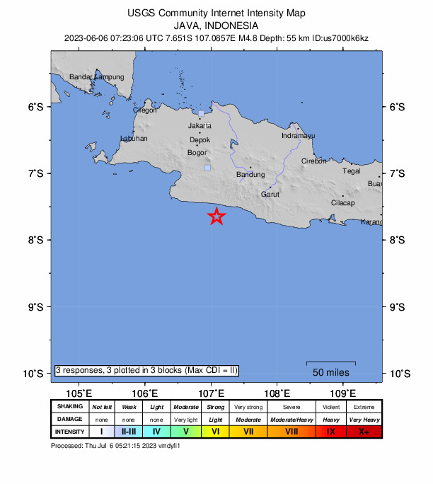 USGS DYFI community-reported intensity map for the M4.8 earthquake near 63 km SW of Banjar, Indonesia