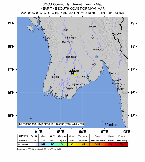 USGS DYFI community-reported intensity map for the M4.8 earthquake near 20 km SSW of Nyaungdon, Myanmar