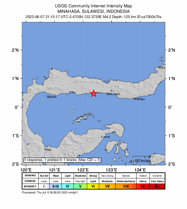 USGS DYFI community-reported intensity map for the M4.2 earthquake near 77 km W of Gorontalo, Indonesia