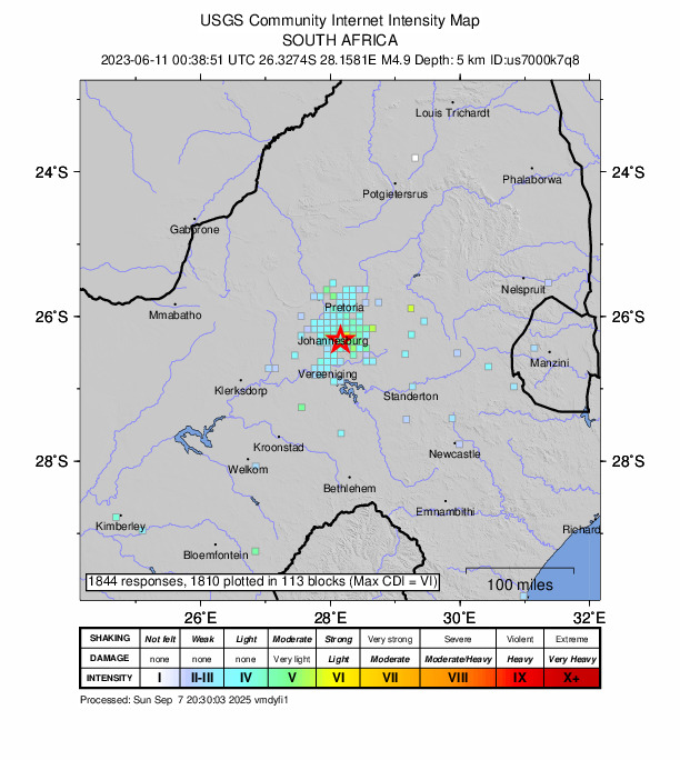 USGS DYFI community-reported intensity map for the M4.9 earthquake near Gauteng, South Africa
