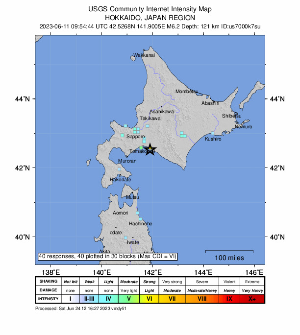 USGS DYFI community-reported intensity map for the M6.2 earthquake near 20 km WSW of Biratori, Japan