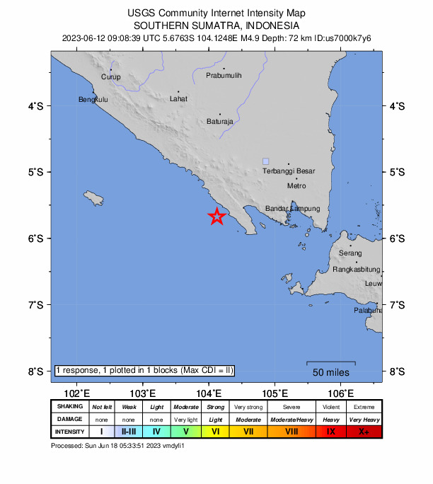 USGS DYFI community-reported intensity map for the M4.9 earthquake near 115 km SW of Kotabumi, Indonesia