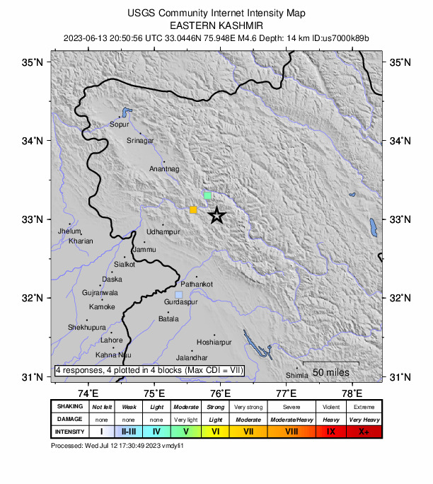 USGS DYFI community-reported intensity map for the M4.6 earthquake near 22 km ENE of Bhadarwāh, India
