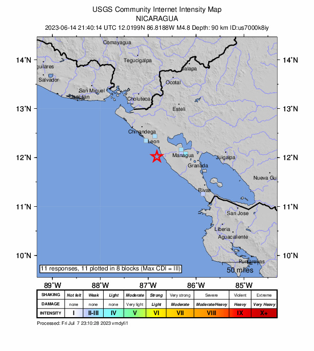 USGS DYFI community-reported intensity map for the M4.8 earthquake near 34 km W of Villa El Carmen, Nicaragua