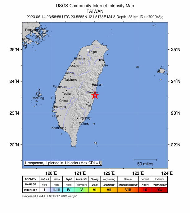 USGS DYFI community-reported intensity map for the M4.3 earthquake near Taiwan