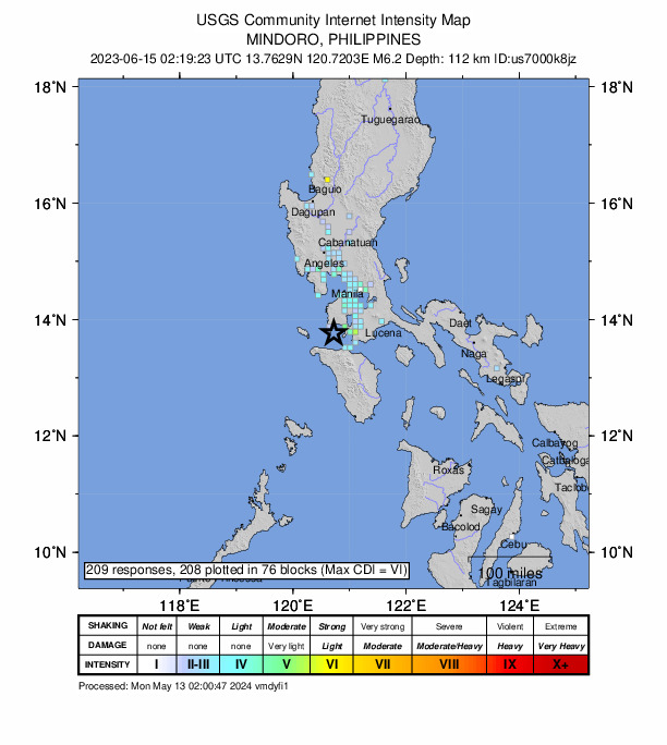 USGS DYFI community-reported intensity map for the M6.2 earthquake near Mindoro, Philippines