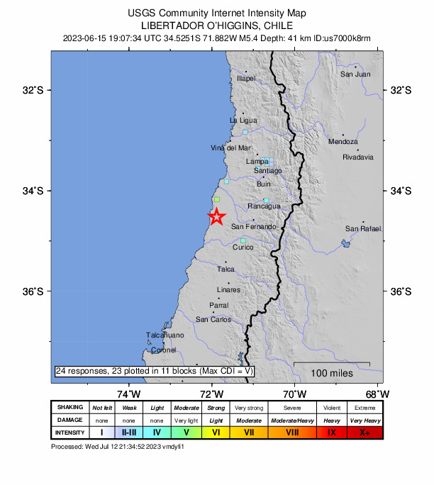 USGS DYFI community-reported intensity map for the M5.4 earthquake near 49 km WNW of Santa Cruz, Chile