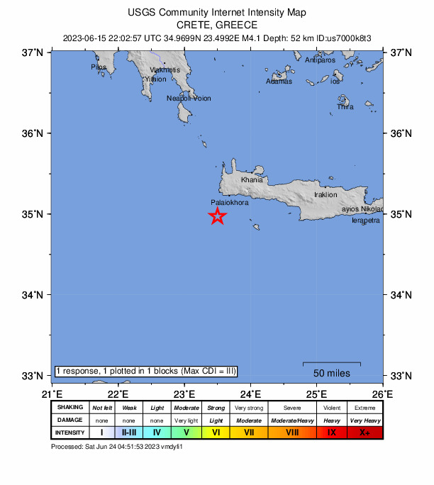 USGS DYFI community-reported intensity map for the M4.1 earthquake near 33 km SSW of Palaióchora, Greece