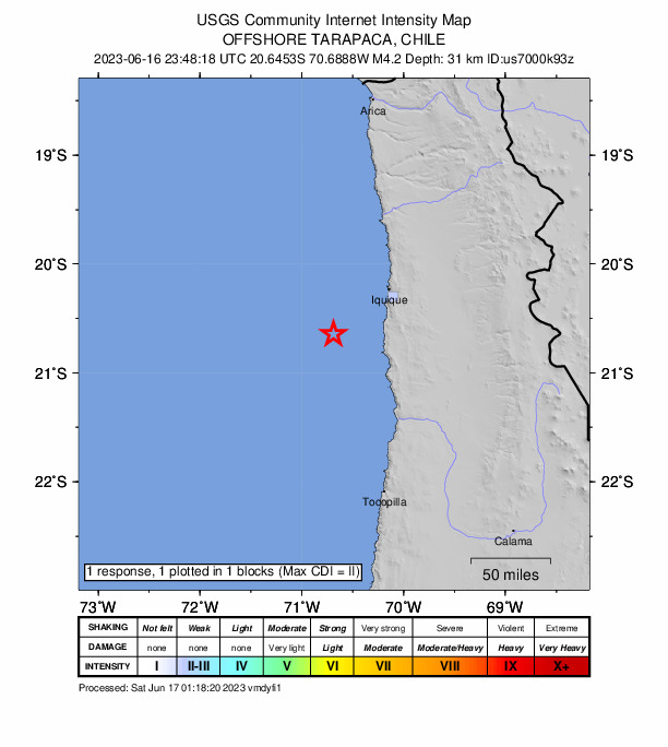 USGS DYFI community-reported intensity map for the M4.2 earthquake near 70 km SW of La Tirana, Chile