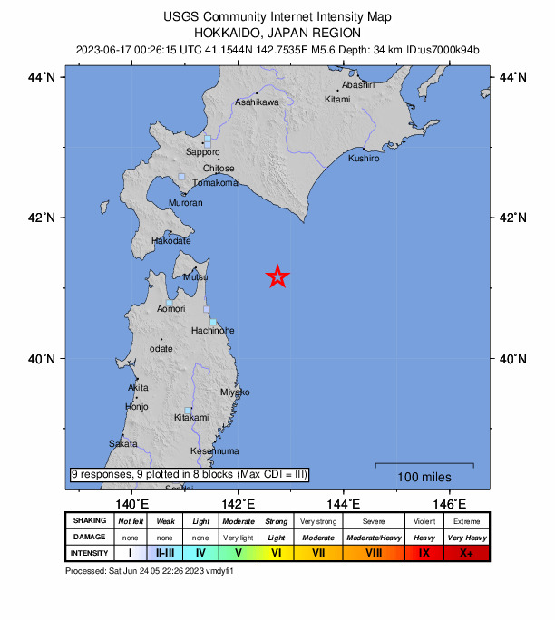 USGS DYFI community-reported intensity map for the M5.6 earthquake near 110 km S of Honchō, Japan