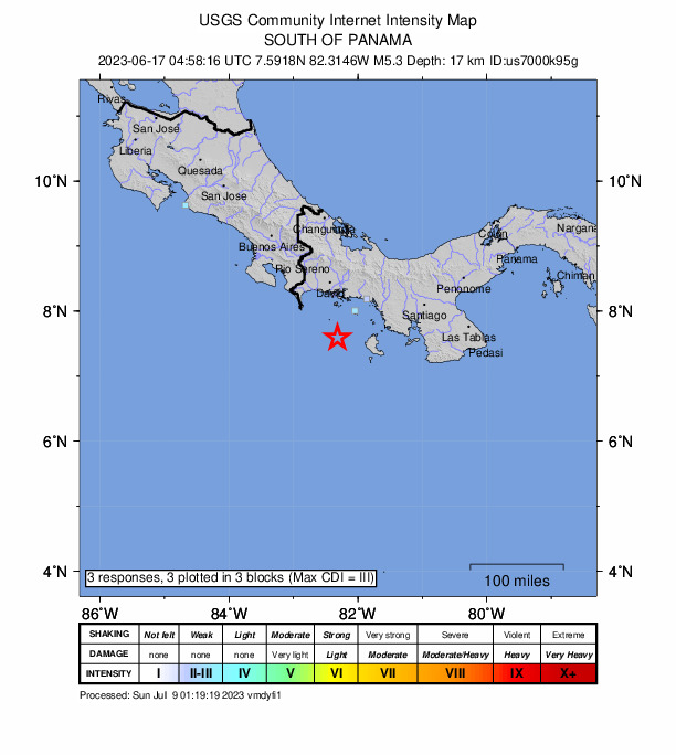 USGS DYFI community-reported intensity map for the M5.3 earthquake near 69 km S of Boca Chica, Panama