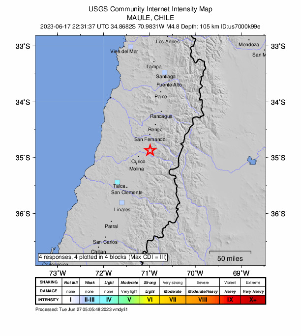 USGS DYFI community-reported intensity map for the M4.8 earthquake near 16 km E of Teno, Chile