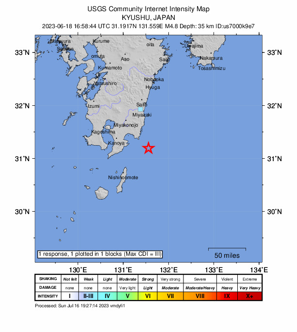 USGS DYFI community-reported intensity map for the M4.8 earthquake near 44 km SE of Kushima, Japan