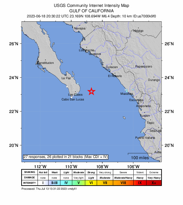 USGS DYFI community-reported intensity map for the M6.4 earthquake near Gulf of California