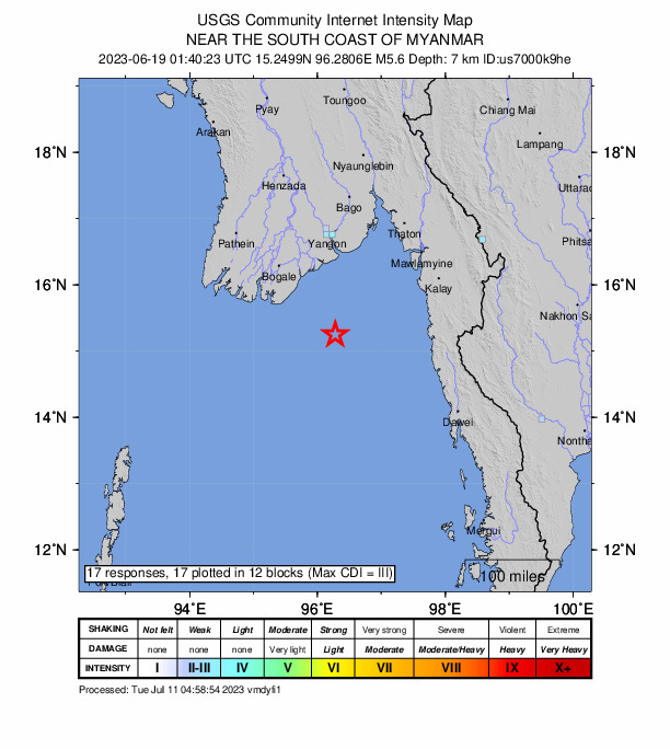 USGS DYFI community-reported intensity map for the M5.6 earthquake near 131 km SSE of Pyapon, Myanmar