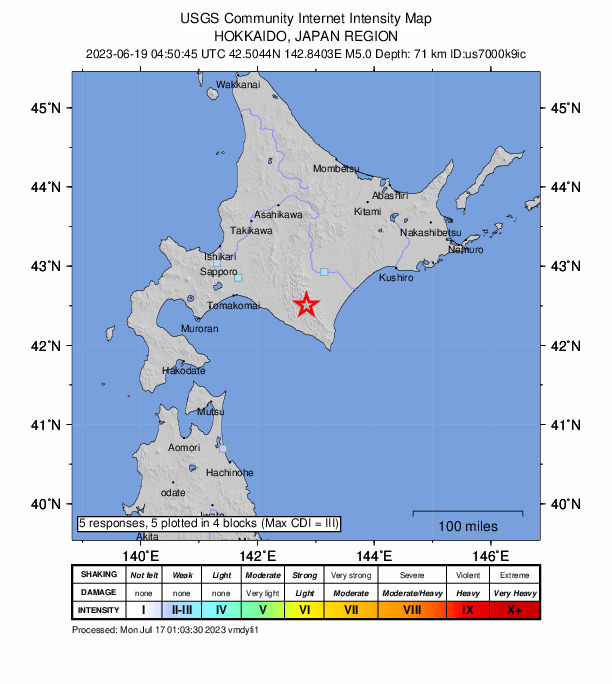 USGS DYFI community-reported intensity map for the M5.0 earthquake near Hokkaido, Japan region