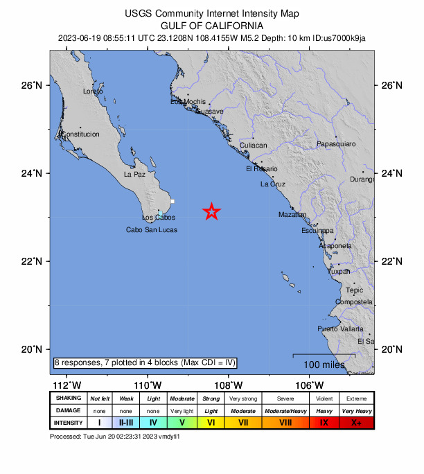 USGS DYFI community-reported intensity map for the M5.2 earthquake near 118 km E of La Playa, Mexico
