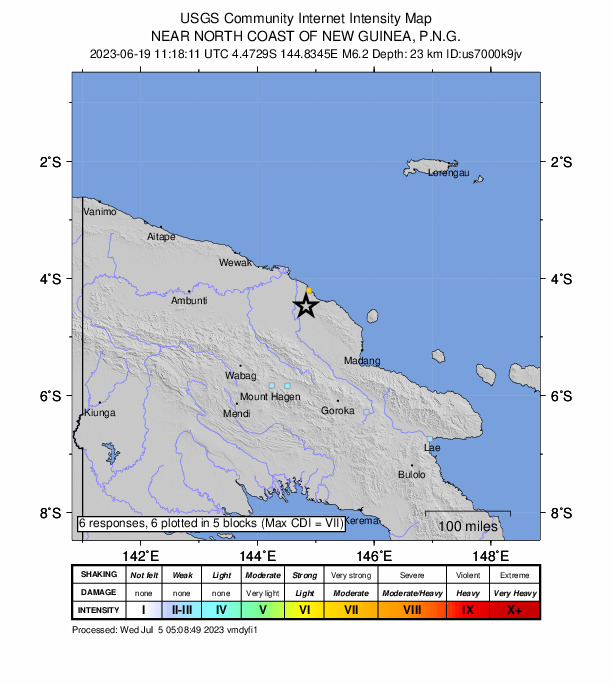 USGS DYFI community-reported intensity map for the M6.2 earthquake near 96 km ESE of Angoram, Papua New Guinea
