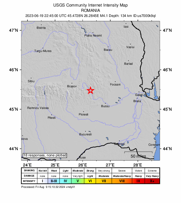 USGS DYFI community-reported intensity map for the M4.1 earthquake near 2 km SE of Cașoca, Romania