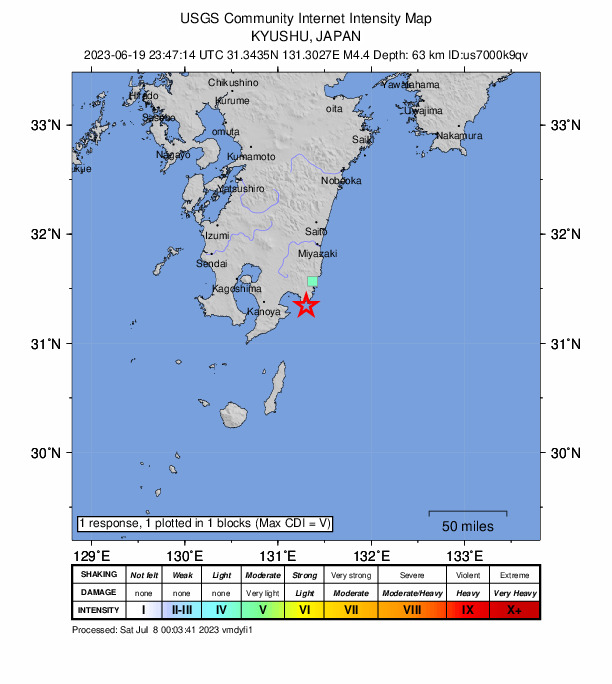 USGS DYFI community-reported intensity map for the M4.4 earthquake near 16 km SSE of Kushima, Japan