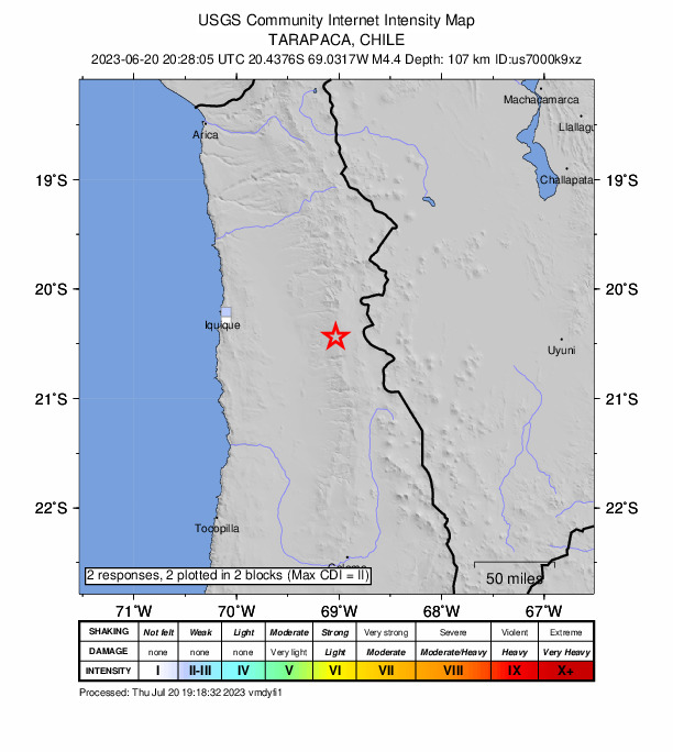 USGS DYFI community-reported intensity map for the M4.4 earthquake near 66 km E of La Tirana, Chile