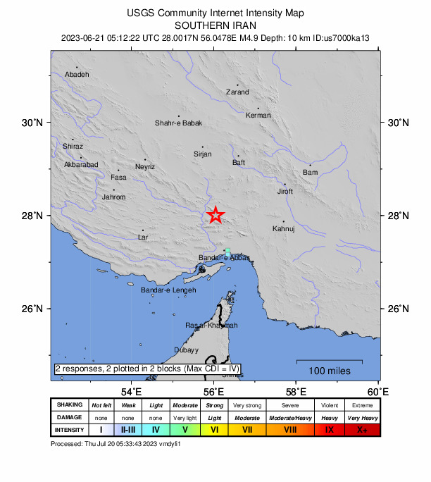 USGS DYFI community-reported intensity map for the M4.9 earthquake near 36 km SSE of Ḩājjīābād, Iran