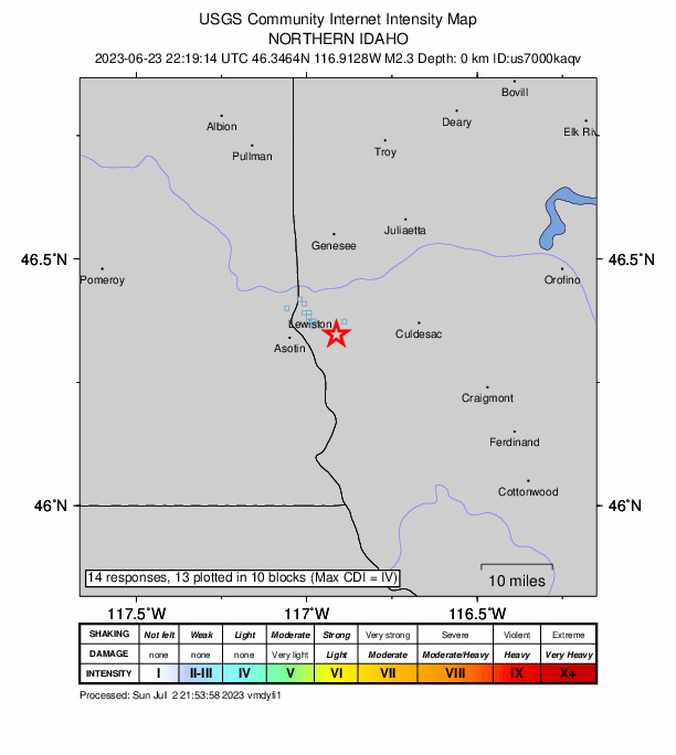 USGS DYFI community-reported intensity map for the M2.3 earthquake near 4 km SE of Lewiston Orchards, Idaho