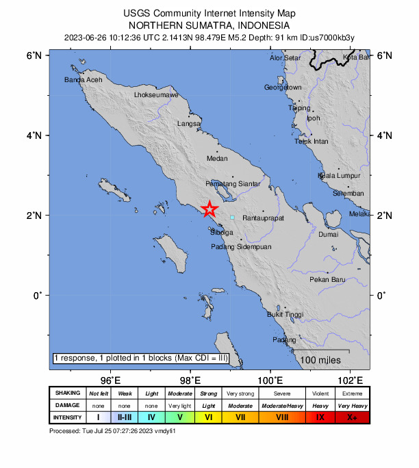USGS DYFI community-reported intensity map for the M5.2 earthquake near 55 km NW of Sibolga, Indonesia