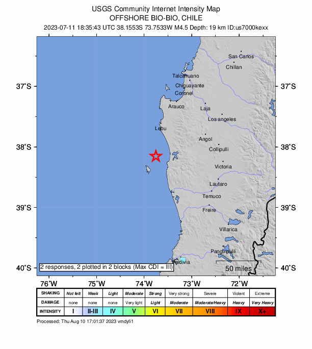 USGS DYFI community-reported intensity map for the M4.5 earthquake near Near the coast of Araucania, Chile