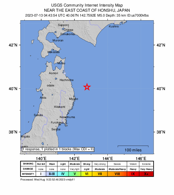 USGS DYFI community-reported intensity map for the M5.0 earthquake near 80 km E of Noda, Japan