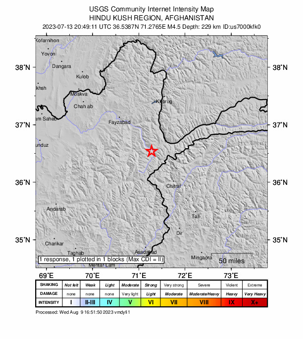 USGS DYFI community-reported intensity map for the M4.5 earthquake near 28 km SW of Ashkāsham, Afghanistan