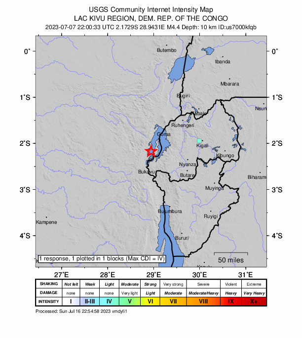 USGS DYFI community-reported intensity map for the M4.4 earthquake near 34 km N of Cyangugu, Rwanda